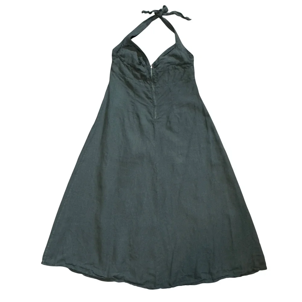 120% Lino Dark Green 100% Linen Halter Midi Dress Made in Italy Ruched V-Neck